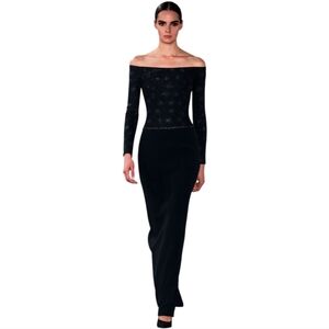 Scott McClintock Vintage‎ Jersey Shimmer Bugle Bead Off the Shoulder Maxi Dress